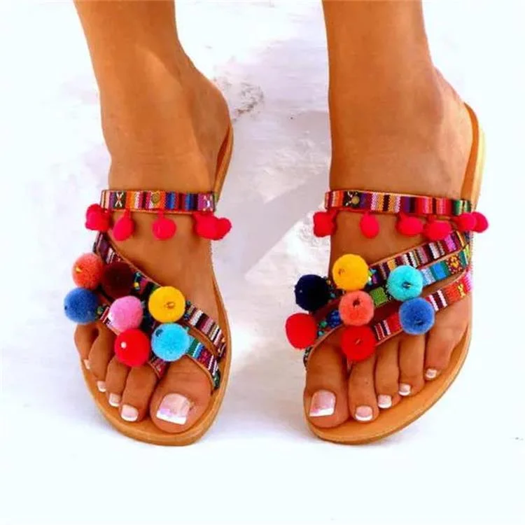Colourp Women Summer Flats Sandals 2022 New Bohemian Flip Flops Multi-color Pom Pom Slippers Fashion Slides Casual Ladies Shoes Zapatos