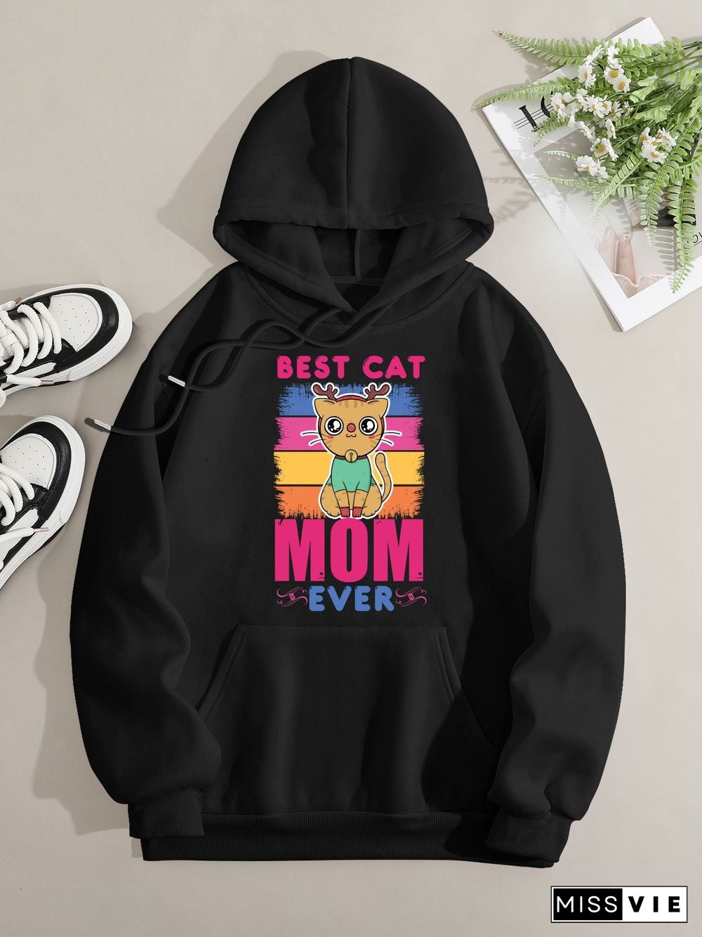 Printed on front Kangaroo Pocket Hoodie Long Sleeve for Women Pattern  Best Cat Mom Ever