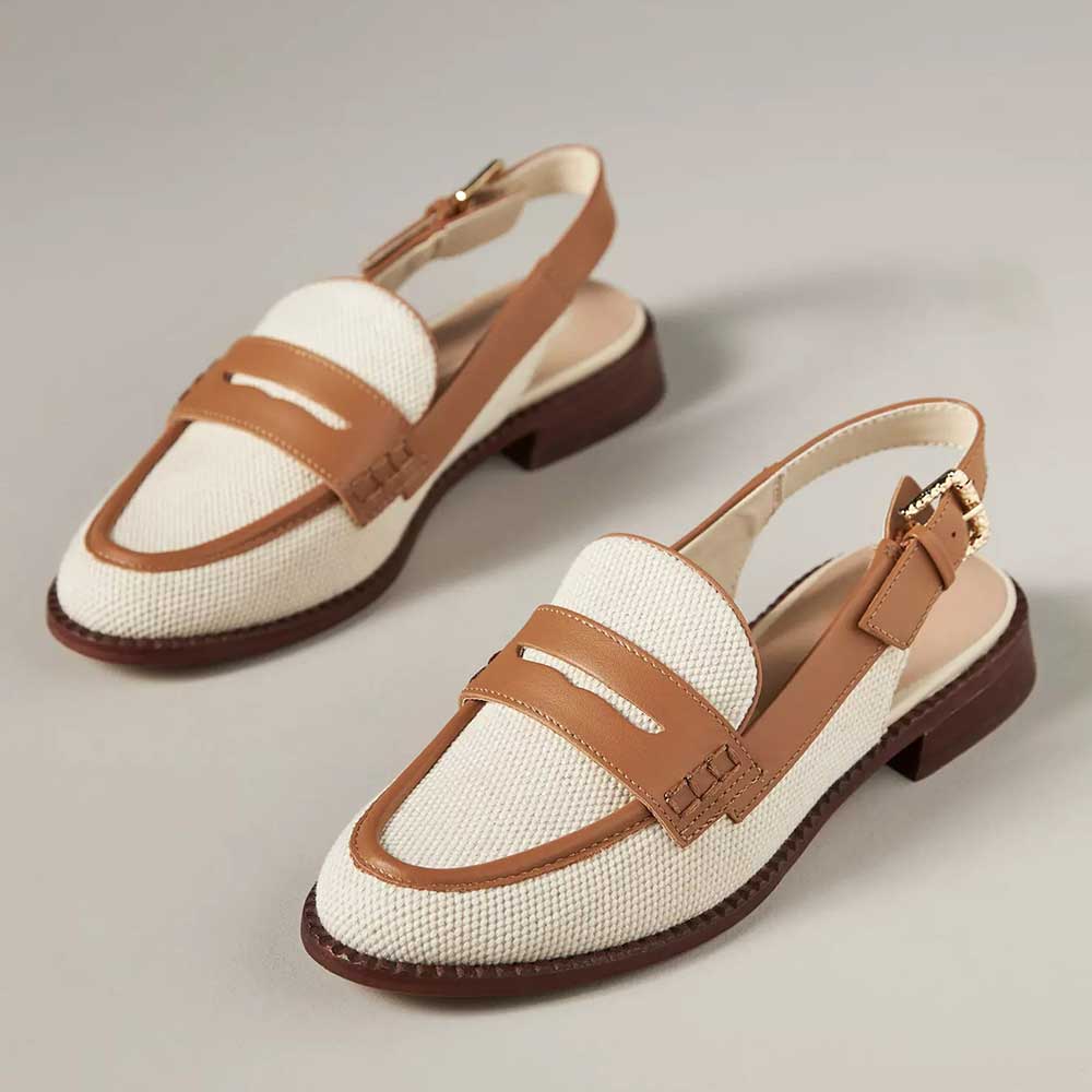 Beige & Brown Round Toe Flat Women's Textile Penny Slingback Loafers Nicepairs