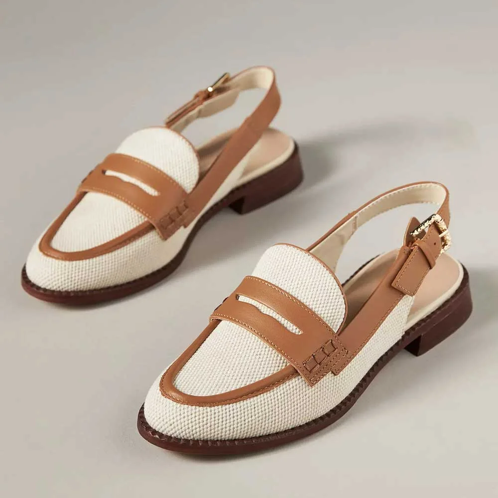 White &  Brown Textile Round Toe Buckled Slingback Flat Loafers Nicepairs