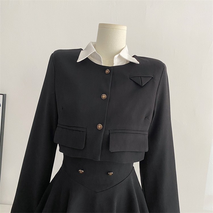 Y2K 3 Piece Set Women Cropped Coat + Long Sleeve Shirt + High Waist Halter Ruffles Mini Dress Korean Chic Fashion Sexy Outfits