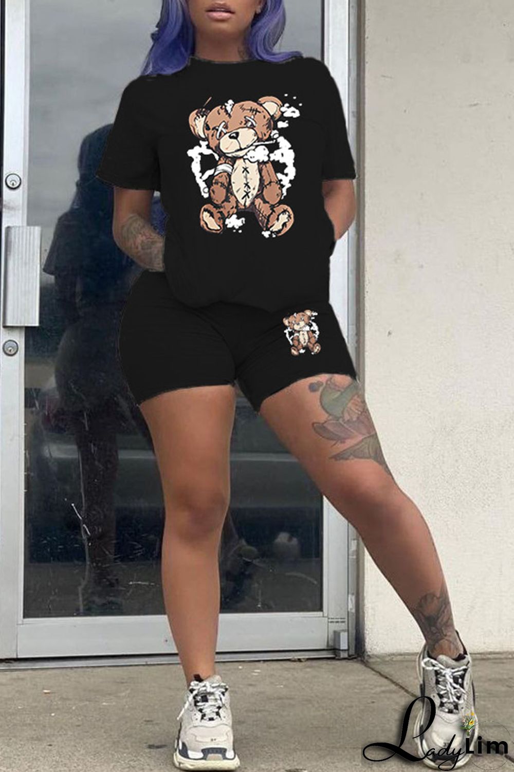 Purple Casual Print Patchwork O Neck Short Sleeve Two Pieces