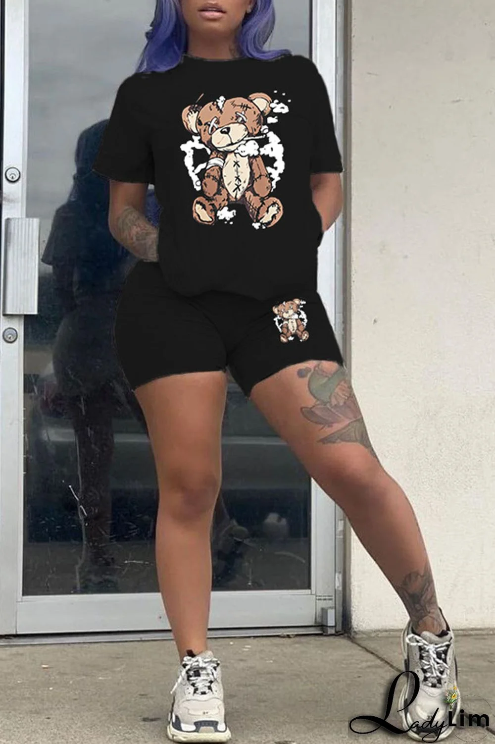 Purple Casual Print Patchwork O Neck Short Sleeve Two Pieces