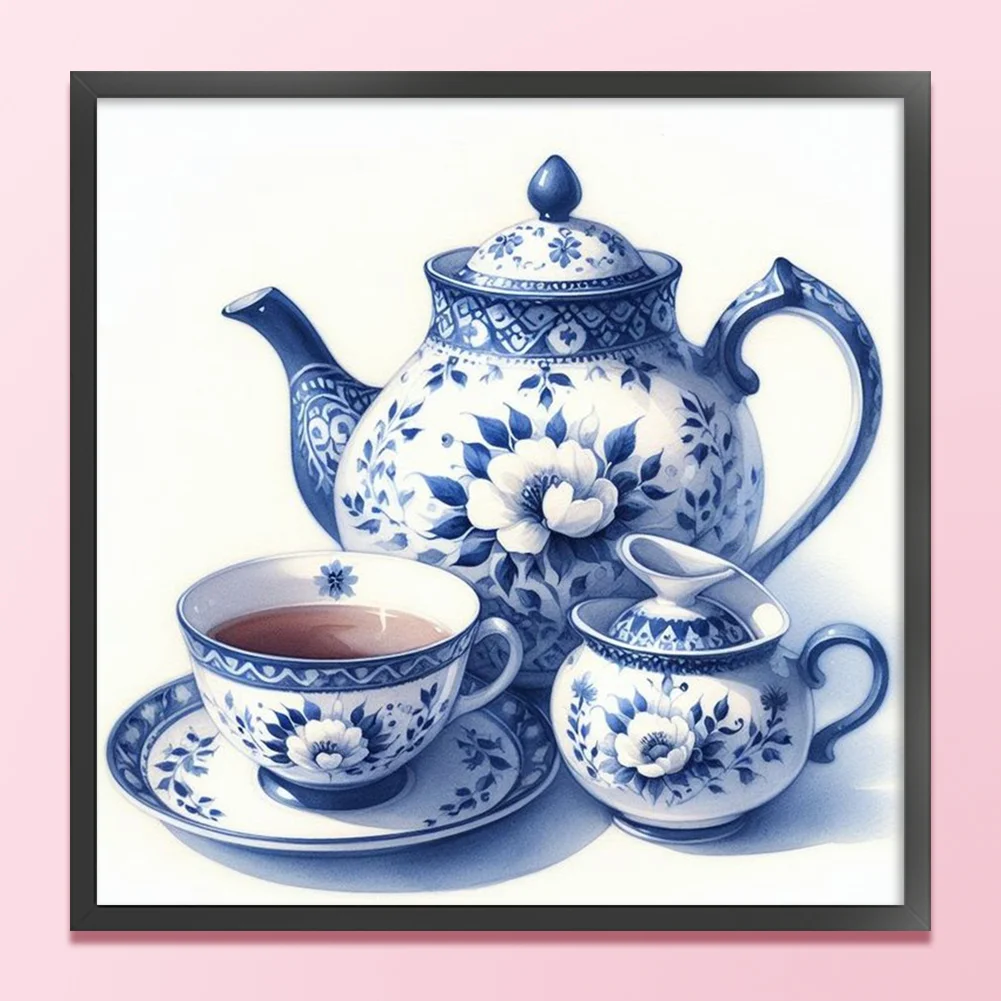 11CT Full Stamped Cross Stitch - Blue and white porcelain Porcelain Teapot(Canvas|40*40CM)