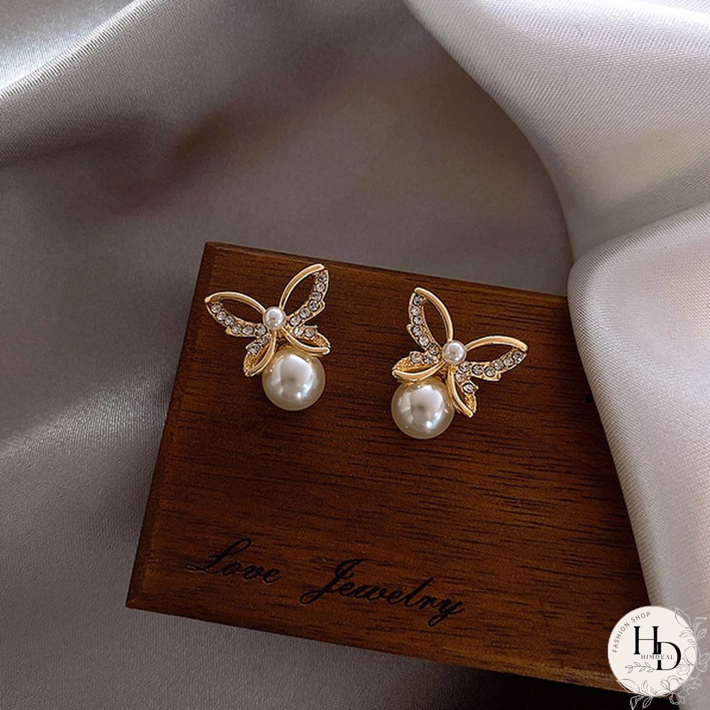 1 Pair Fashion Exquisite Women's 14K Yellow Gold Butterfly White Sapphire Diamond Stud Earrings White Pearl Stud Earrings for Wedding Engagement Party Jewelry Gifts