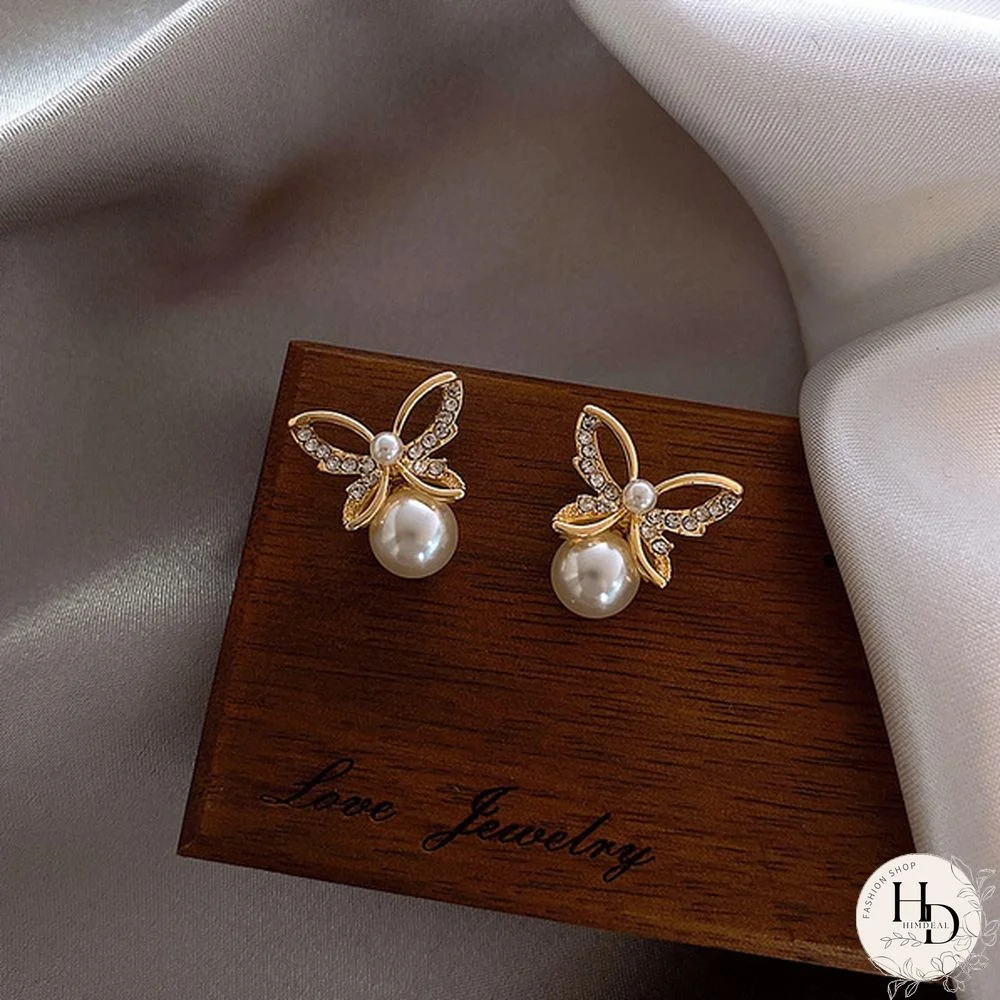 1 Pair Fashion Exquisite Women's 14K Yellow Gold Butterfly White Sapphire Diamond Stud Earrings White Pearl Stud Earrings for Wedding Engagement Party Jewelry Gifts