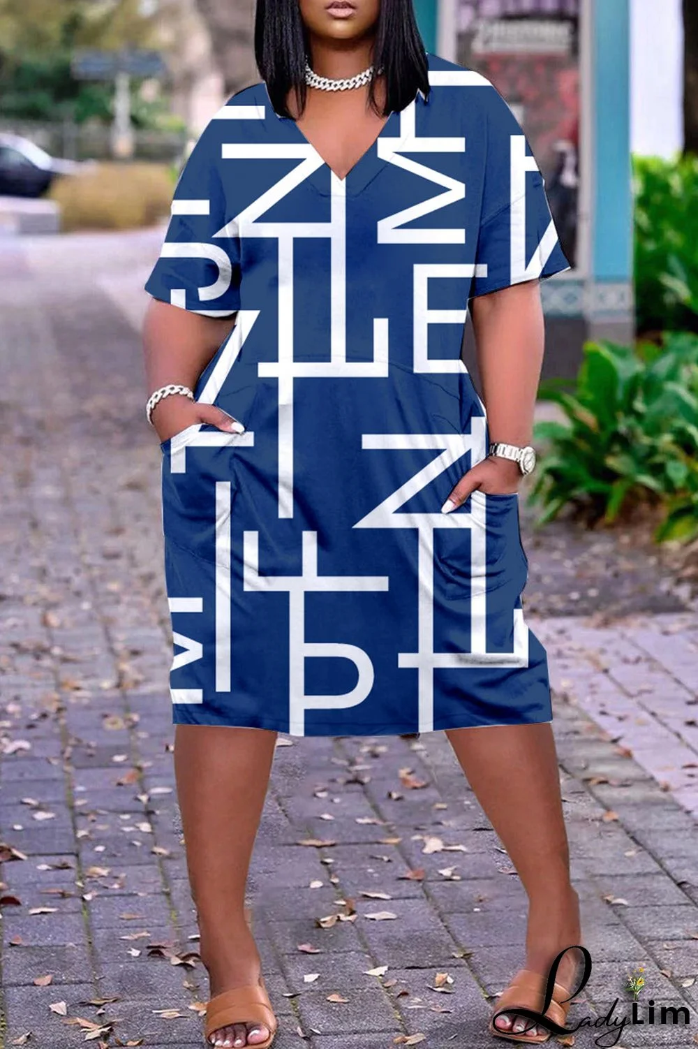 Blue Fashion Casual Print Patchwork V Neck Short Sleeve Dress