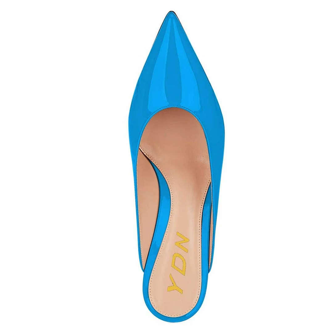 Patent Leather Pointed Toe Low Heel Mule Shoes for Women in Blue