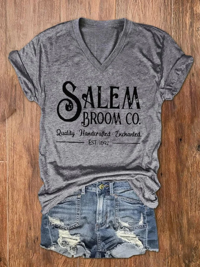 Women's Salem Broom Co Quality Handcrafted Enchanted Est 1692 Print V-Neck T-Shirt