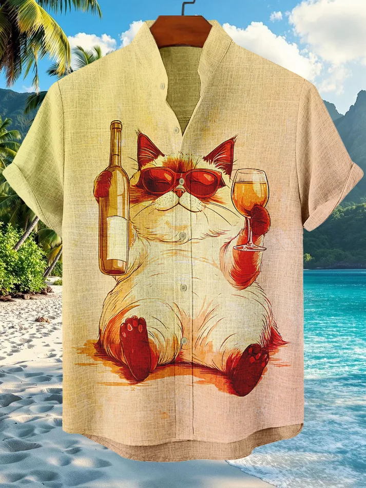 Men's Wine Drunk Fat Cat Print Short Sleeve Shirt