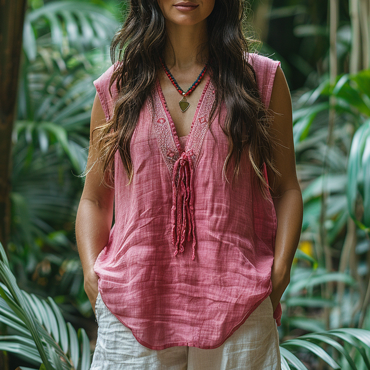 Retro Loose, Comfortable And Breathable Ethnic Style Linen V-neck Suspender Sleeveless Top