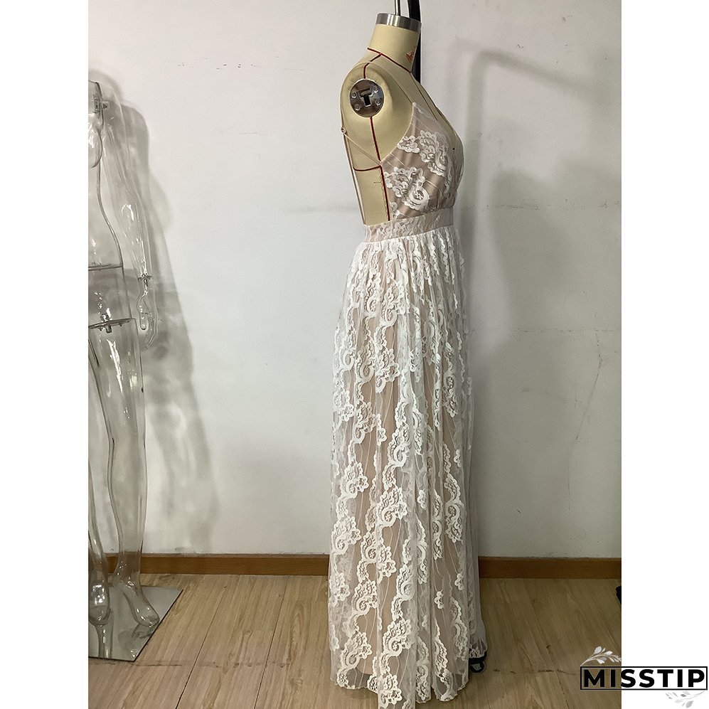 Women Summer Elegant V-Neck Backless Mesh Maxi Dress