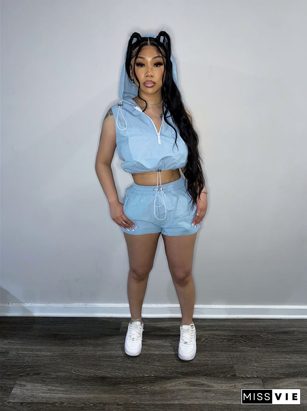 Sleeveless Hooded Pullover Crop Top+Shorts Tracksuit