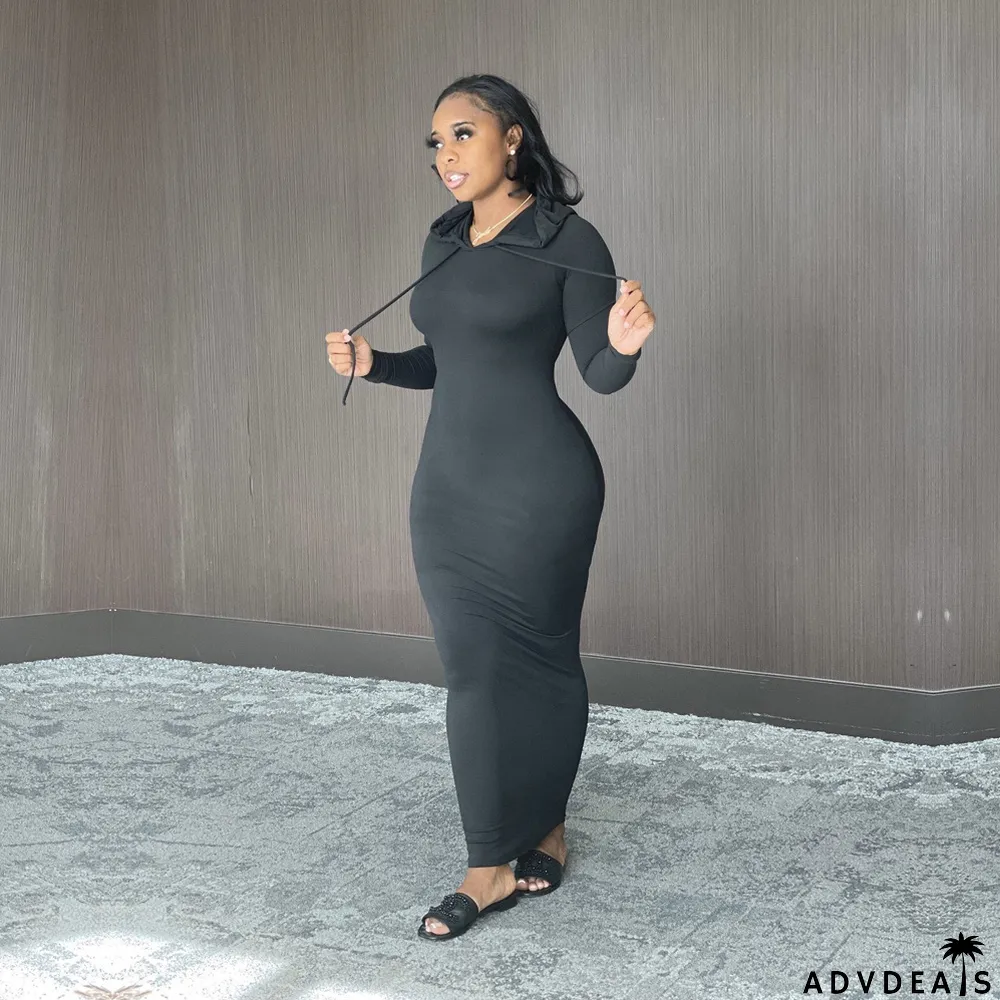 Pure Color High Stretch Warm Hooded Dress