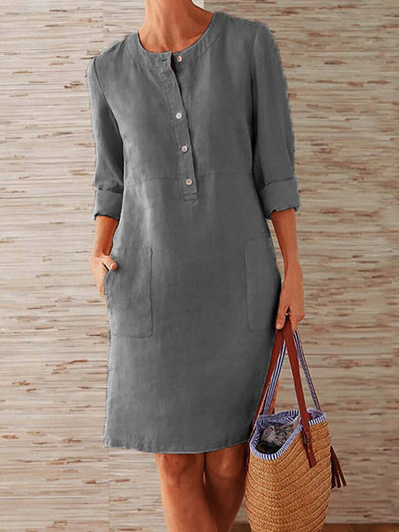 Solid Color Casual Loose Long Sleeve Shirt Dress