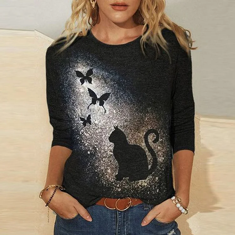 Simple Cat Butterfly Print Long Sleeve T-Shirt