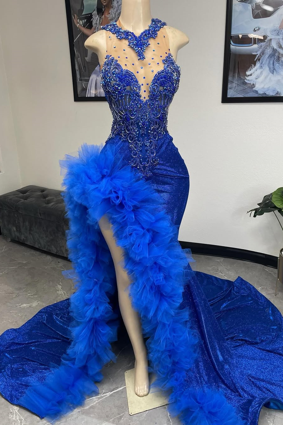 Modern Royal Blue Mermaid Prom Dress Sleeveless High Slit WIth Beadings Ruffles - lulusllly