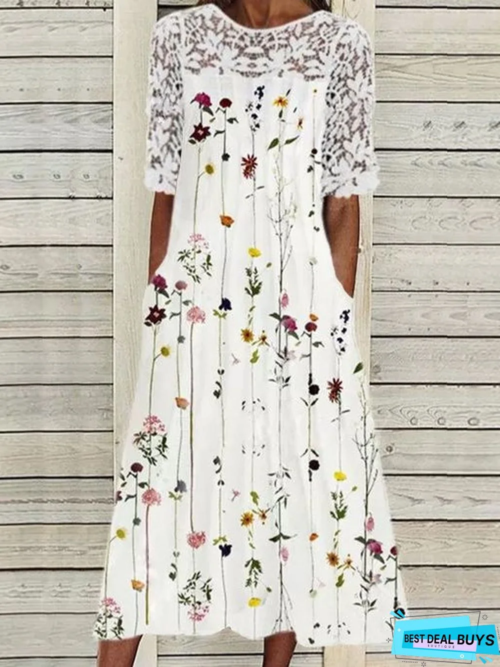 Cotton-Blend Floral Boho Loose Midi Dress