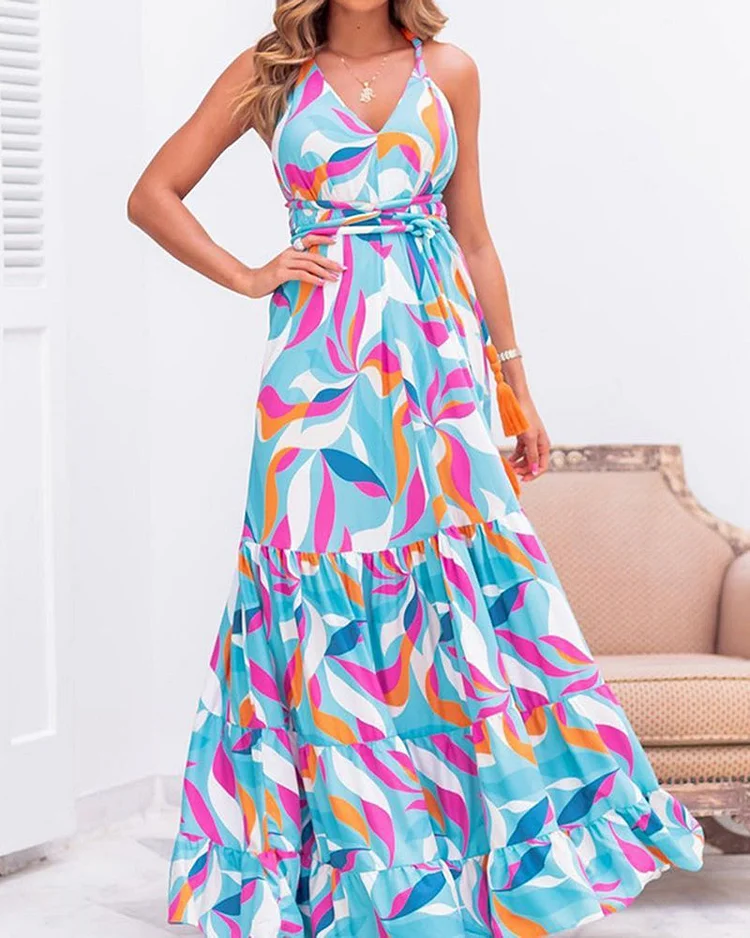 Multicolored Print Strap Tie Dress