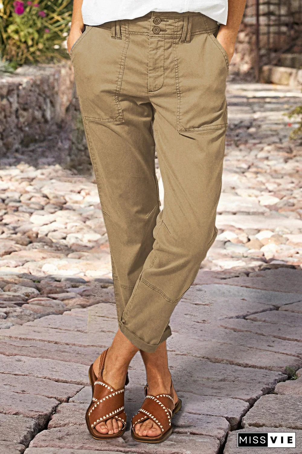 Double Button Mid Waist Straight Leg Pants