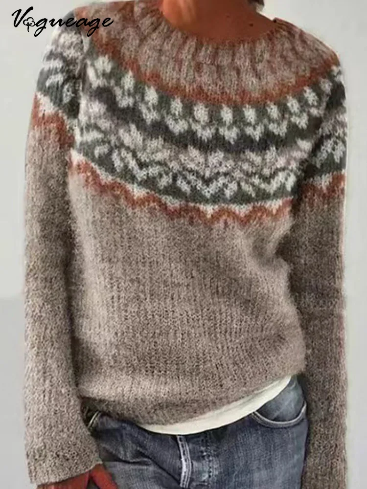 Retro Elegant Pattern Splicing Casual Long Sleeve Knitted Sweater