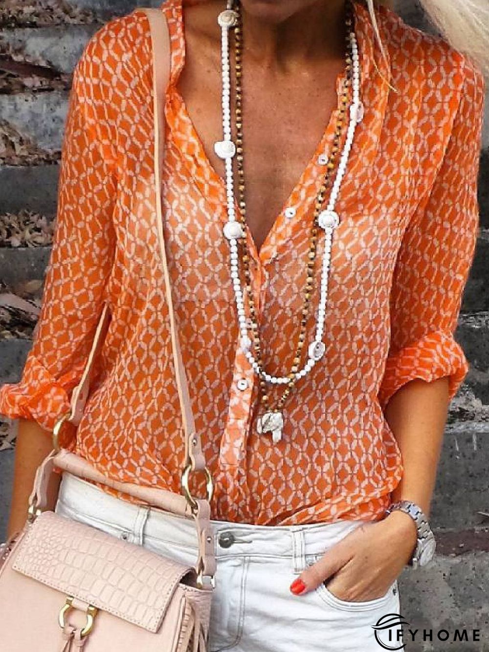Orange Floral-Print Shirt Collar Long Sleeve Geometric Tops | IFYHOME