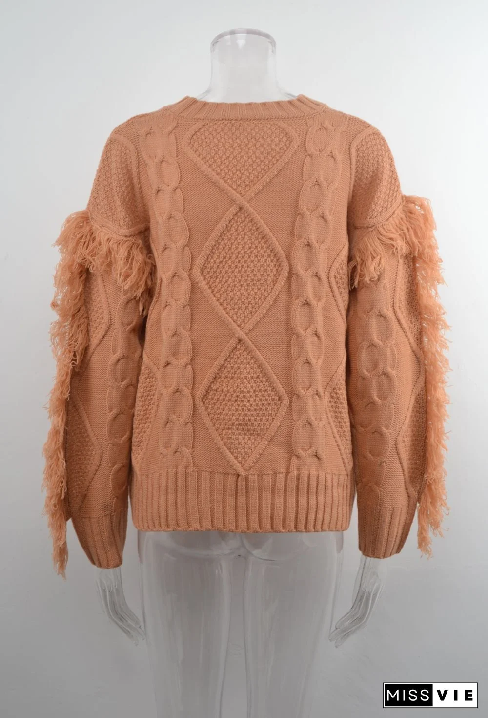 Round Neck Long Sleeve Cable Knit Design Sweater