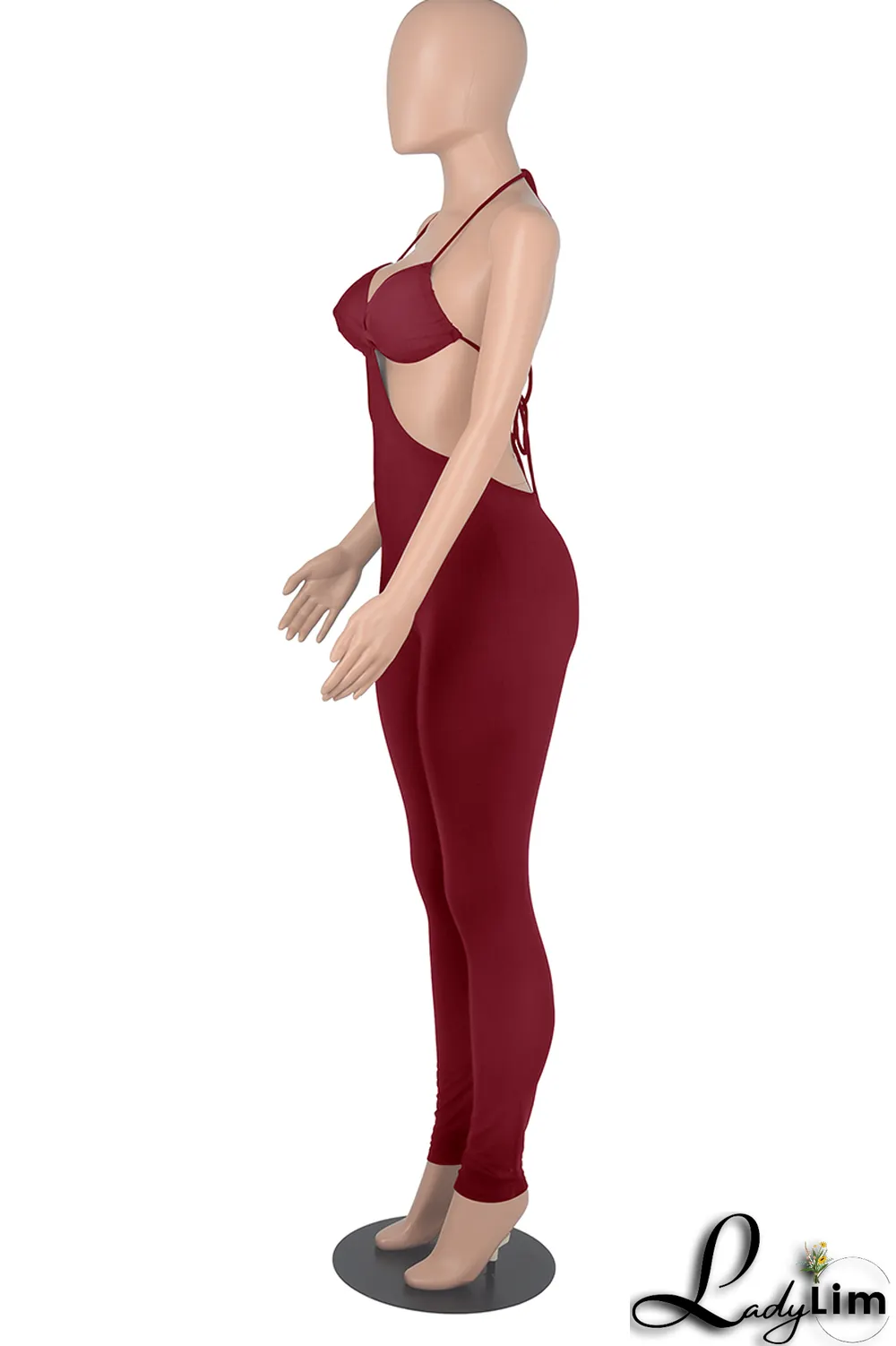 White Sexy Solid Patchwork Halter Skinny Jumpsuits