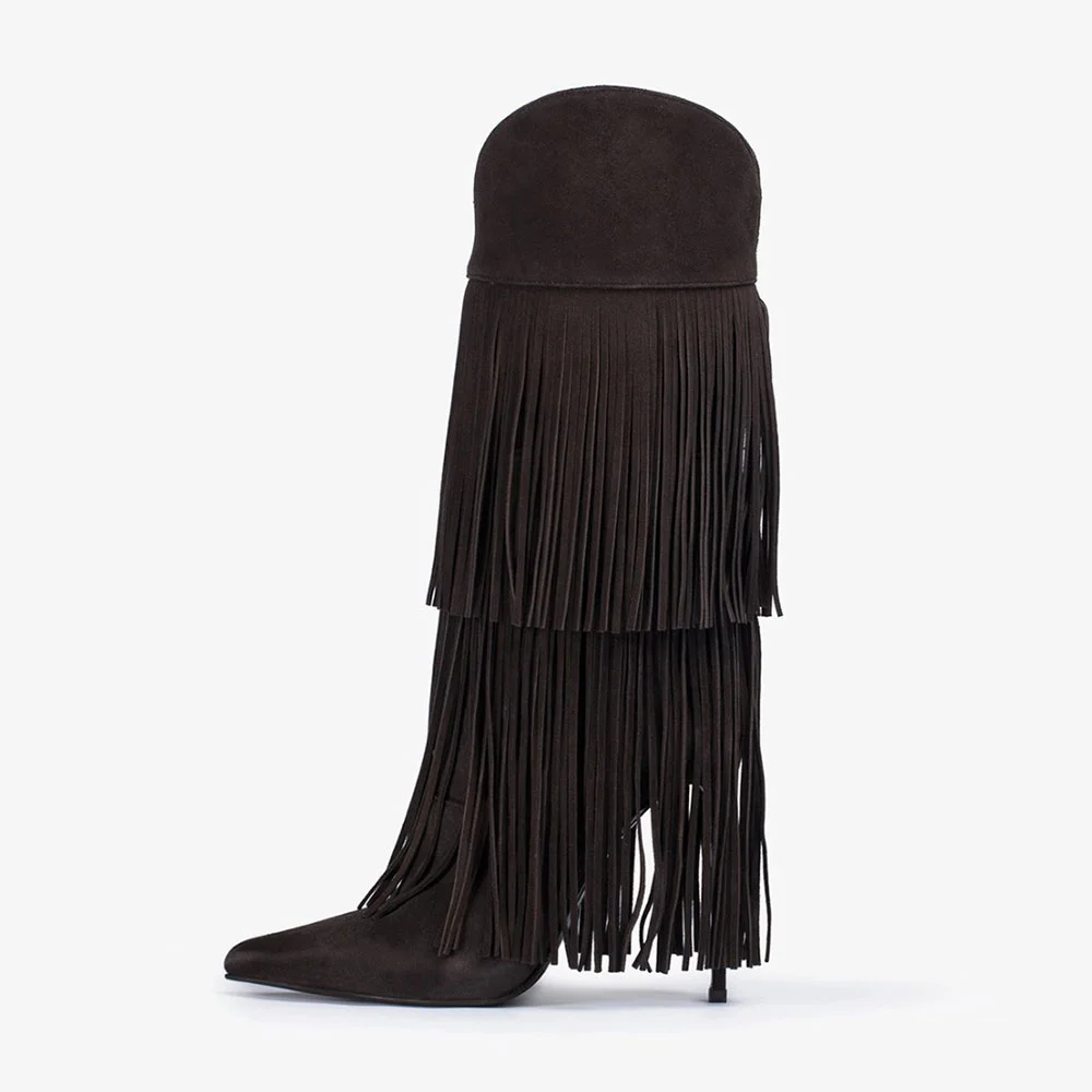 Brown Mid Calf Pointed Toe Stiletto High Heel Fringe Boots for Women