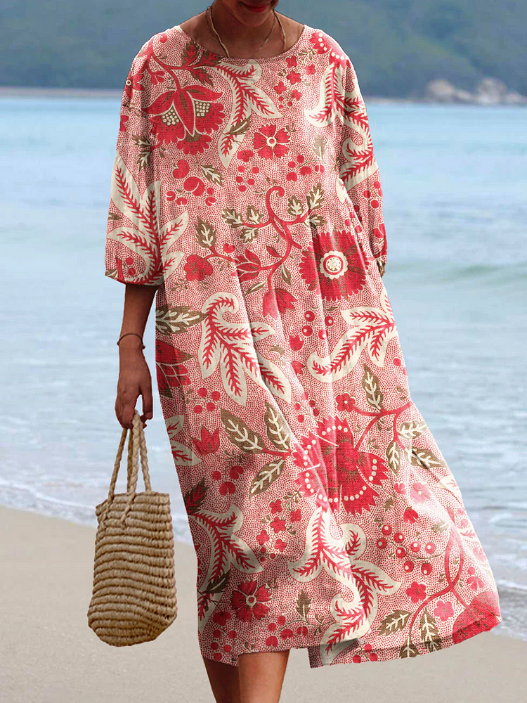 Womens Seaside Style  Flowers Pocket Cotton Dress