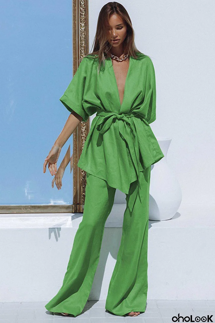 Green V Neck Strappy Tops Wide Leg Long Pants Suit