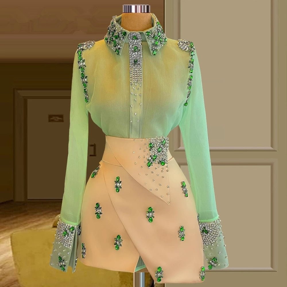 Lime Green Cocktail Dresses Sheath Long Sleeves Short Mini Chiffon Beaded Homecoming Dresses Haute Couture