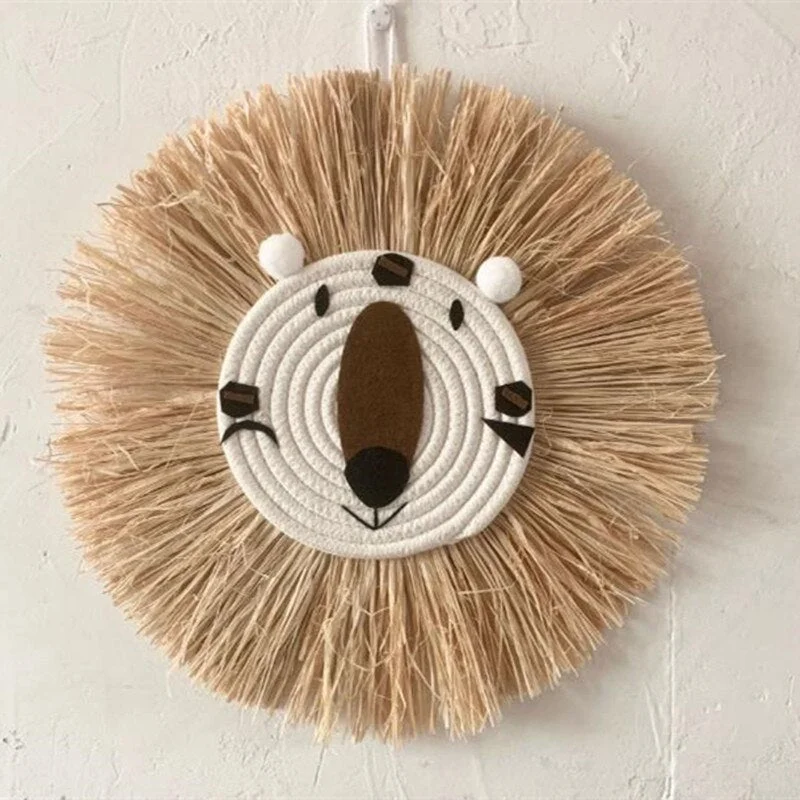 INS Noridc Hand Woven Straw Lion Tiger Wall Hanging Decor Cartoon Animal Ornaments For Baby Bed Kids Room Decoration Photo Props