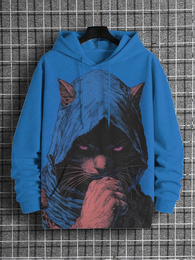 Men's Retro Warrior Cat Art Print Casual Hoodie