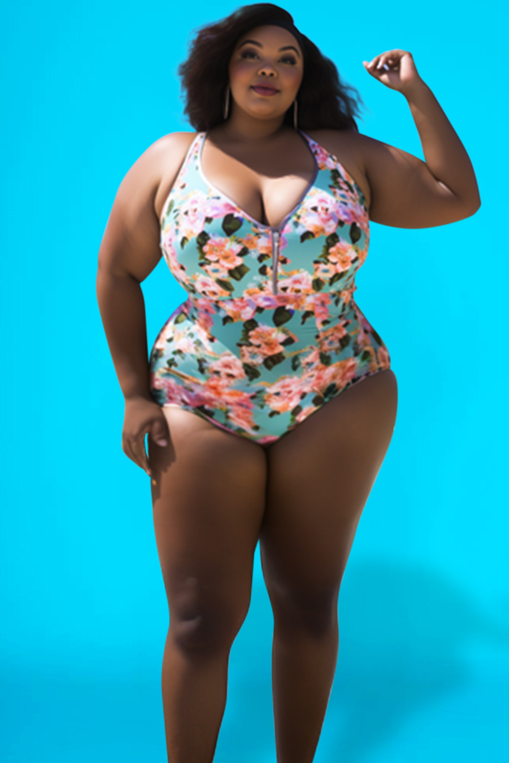 Design Plus Size Beach Cyan Floral Zipper Swimsuit Fabric One Pieces Swimwear [Pre-Order]
