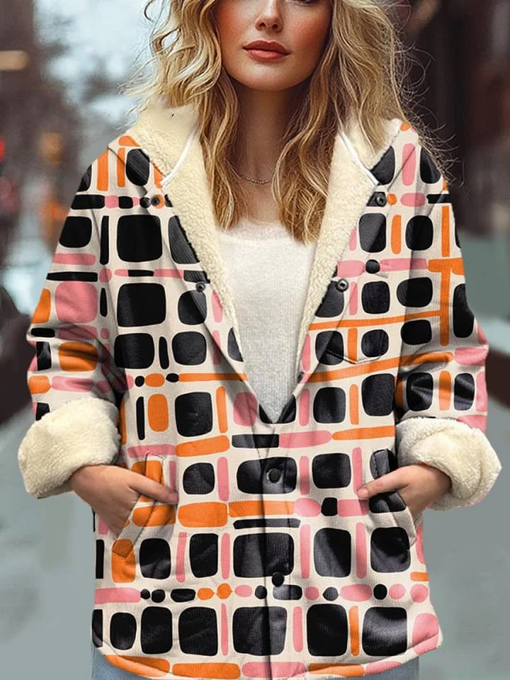 Women's Abstract Geometric Pattern Art Print Waffle Plush Thick Long-Sleeved Hooded Coat