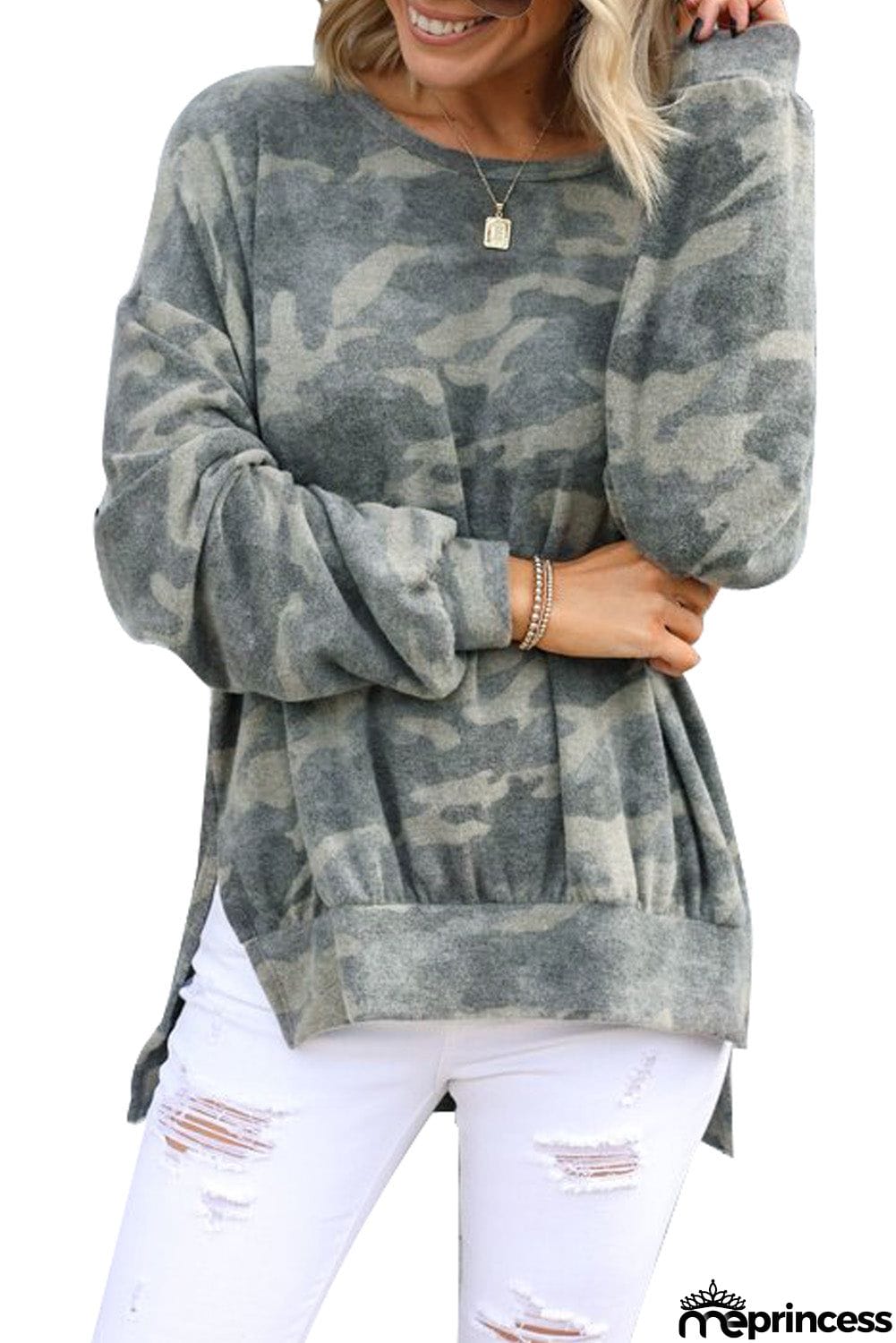 High-low Edge Camo Print Sweatshirt