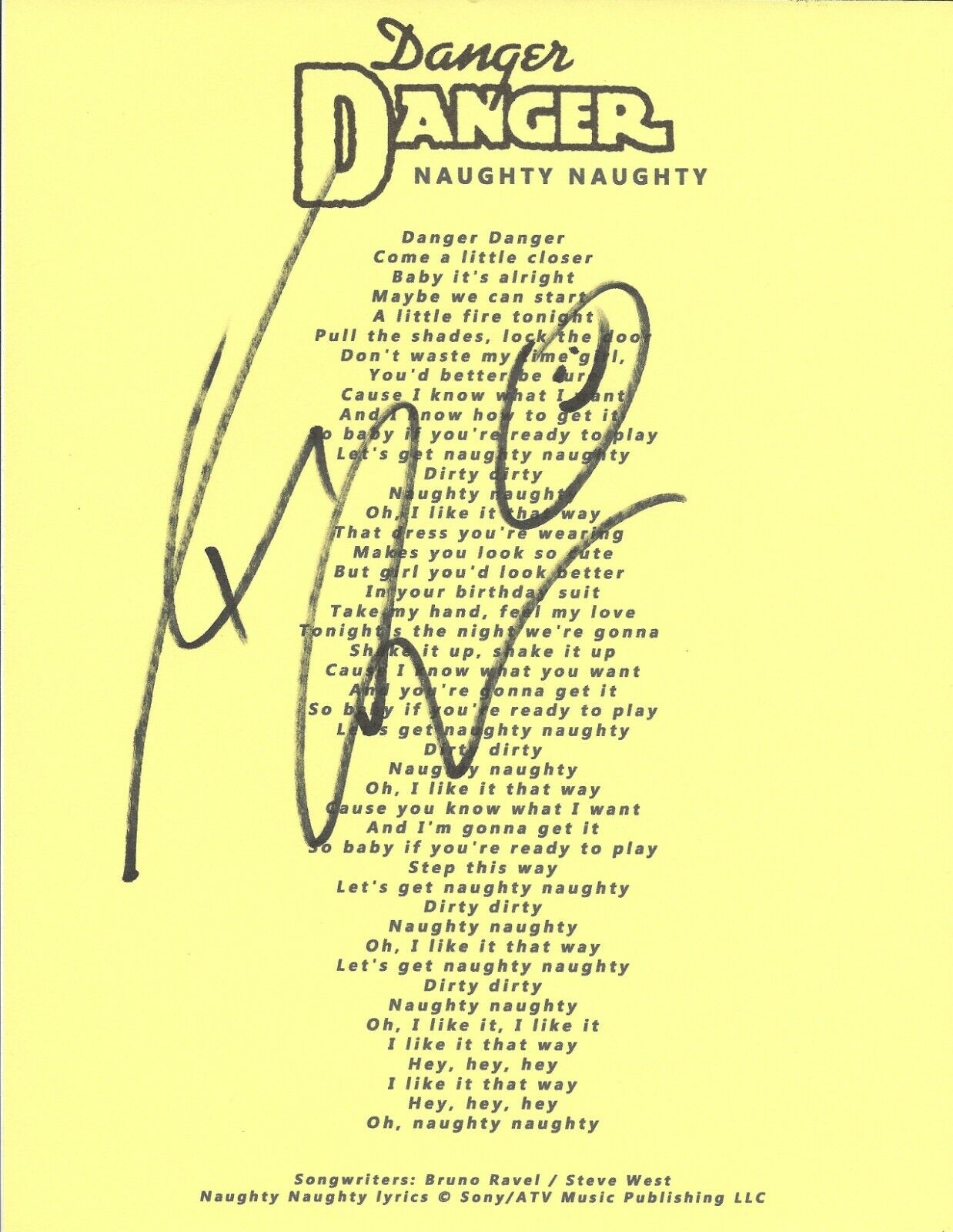 Ted Poley of Danger Danger REAL hand SIGNED Naughty Naughty Lyric Sheet COA