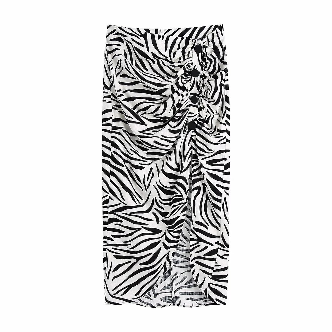 Vintage Zebra Stripes Print Women Midi Skirt High Waist Pleat Summer Elegant Side Split Casial Skirt