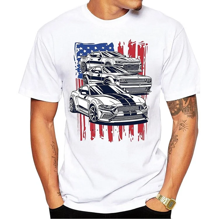 CAMEL COUPONS 2024 New Summer Men Short Sleeve American Crew Mustang Camaro Challenger Car Print T-shirt Boy Casual White Tees Cool Tops