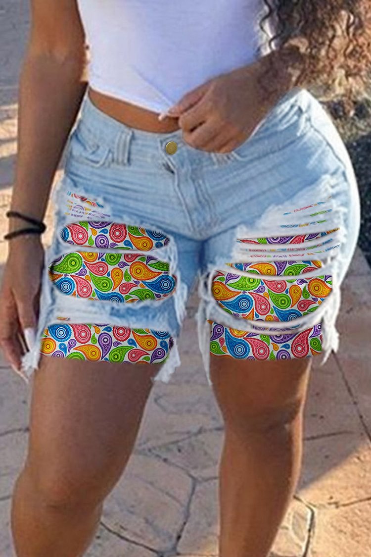 Plus Size Casual Colorblock Patchwork Ripped Denim Shorts