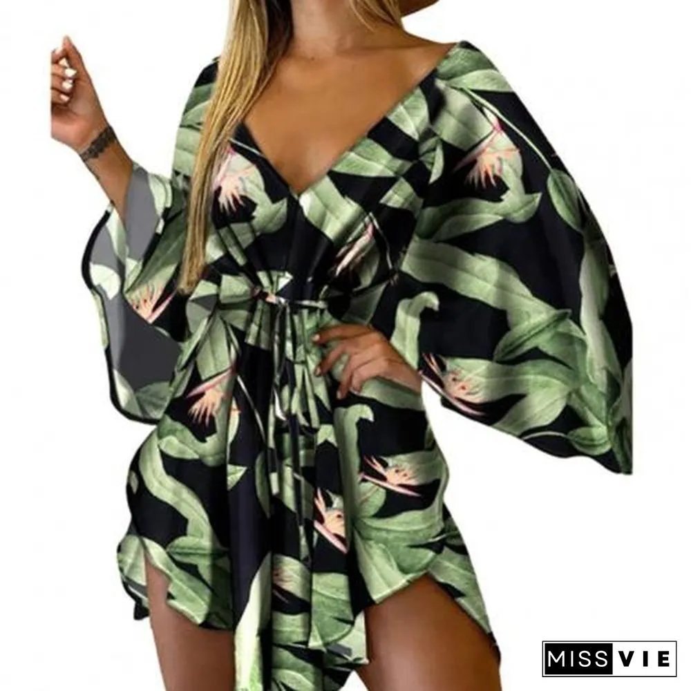 V-Neck Leaf Print Party Women Elegant Lace-Up Waist Casual Irregular Beach dress sexy