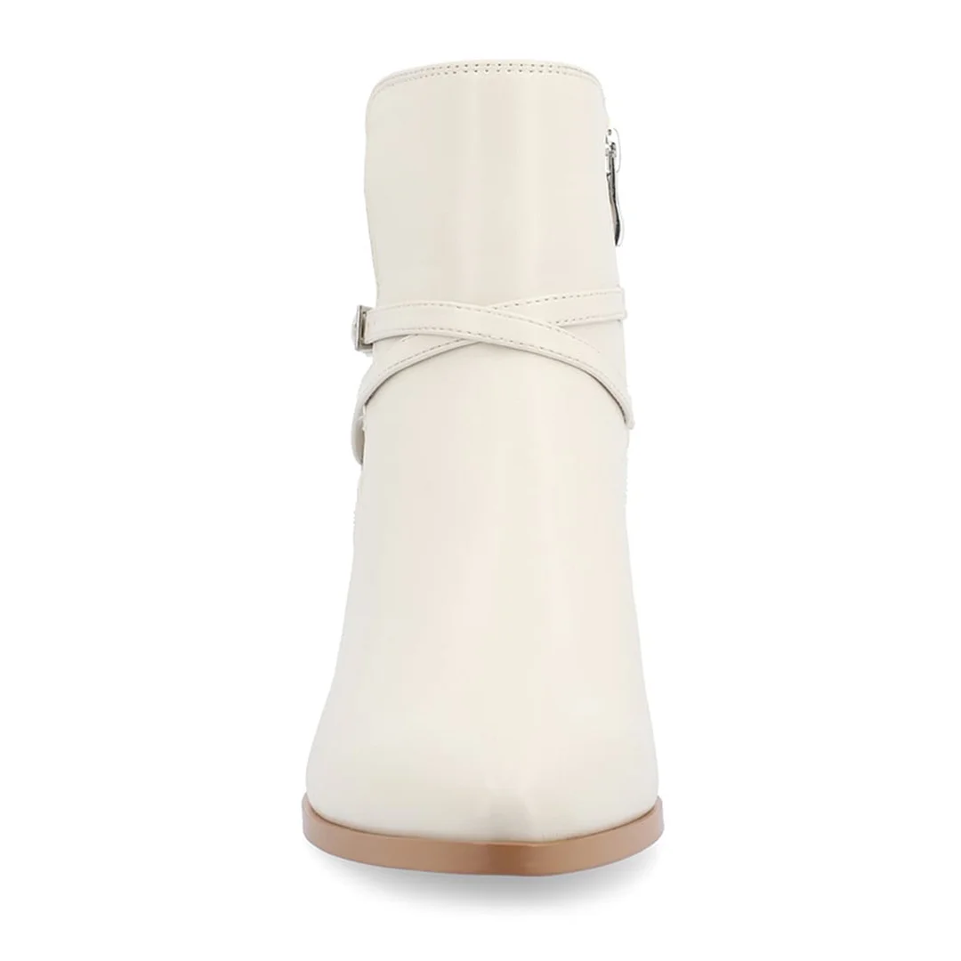 Ivory Vegan Leather Side-Zip Decorative Heel Ankle Boots for Ladies