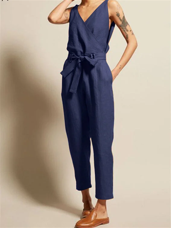Women plus size clothing Women's V-neck Belt Casual Combination Trousers Elegant Cargo Jumpsuit-Nordswear