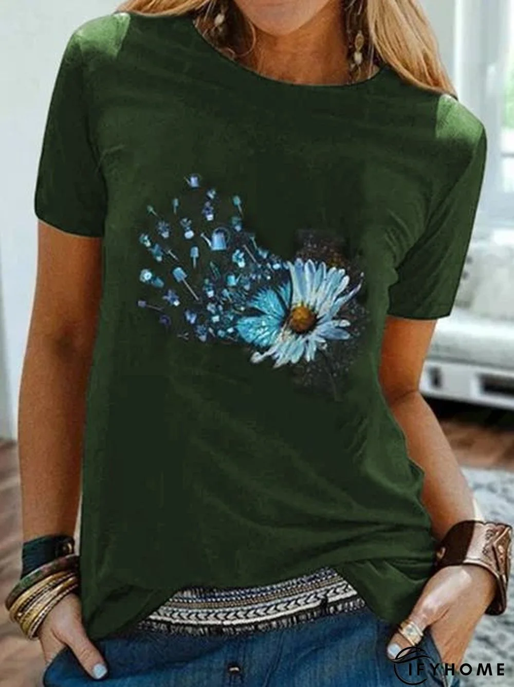 Vintage Short Sleeve Statement Daisy Printed Crew Neck Plus Size Casual Tops | IFYHOME