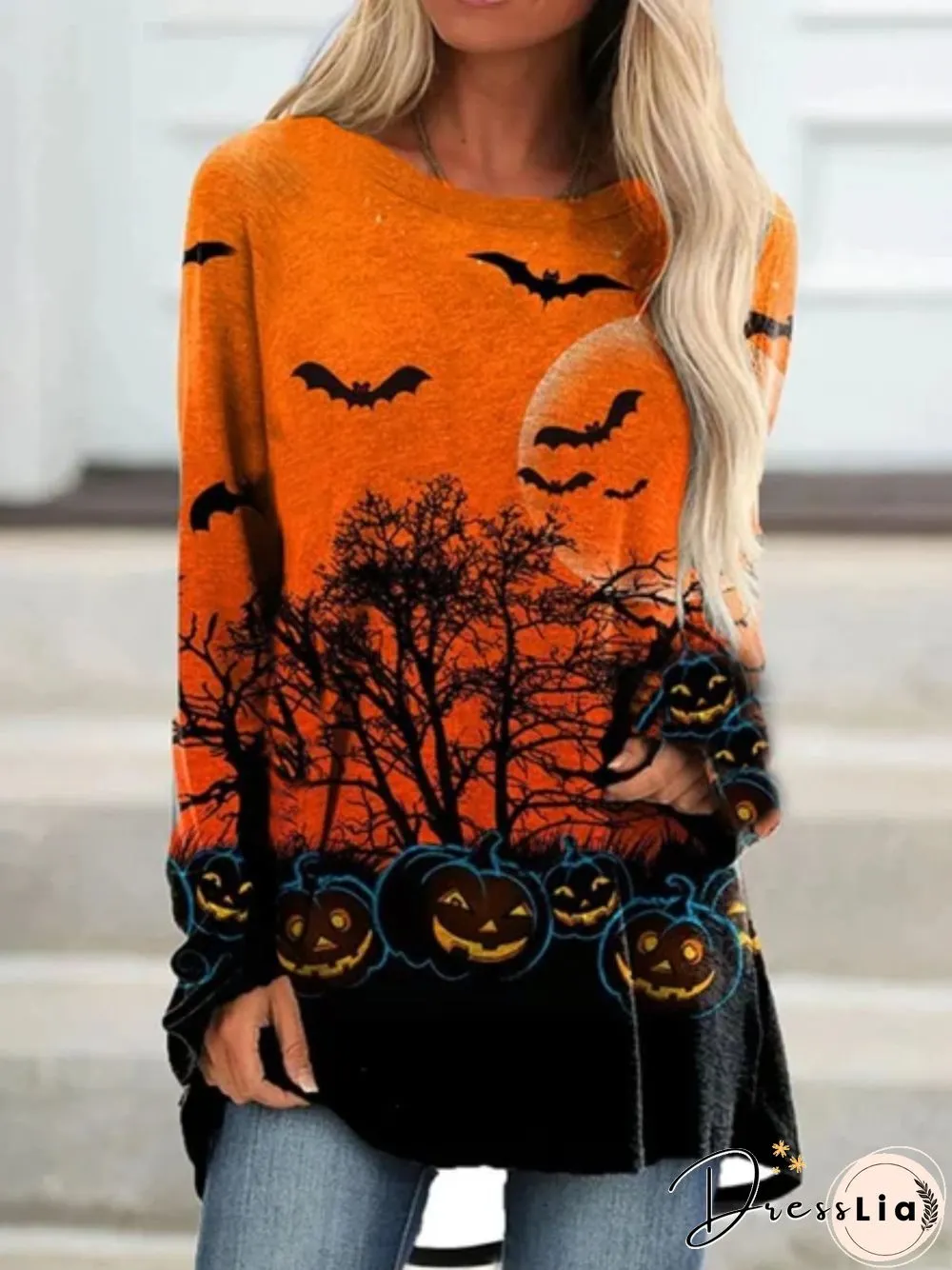 Casual Long Sleeve Round Neck Plus Size Printed Tops T-shirts