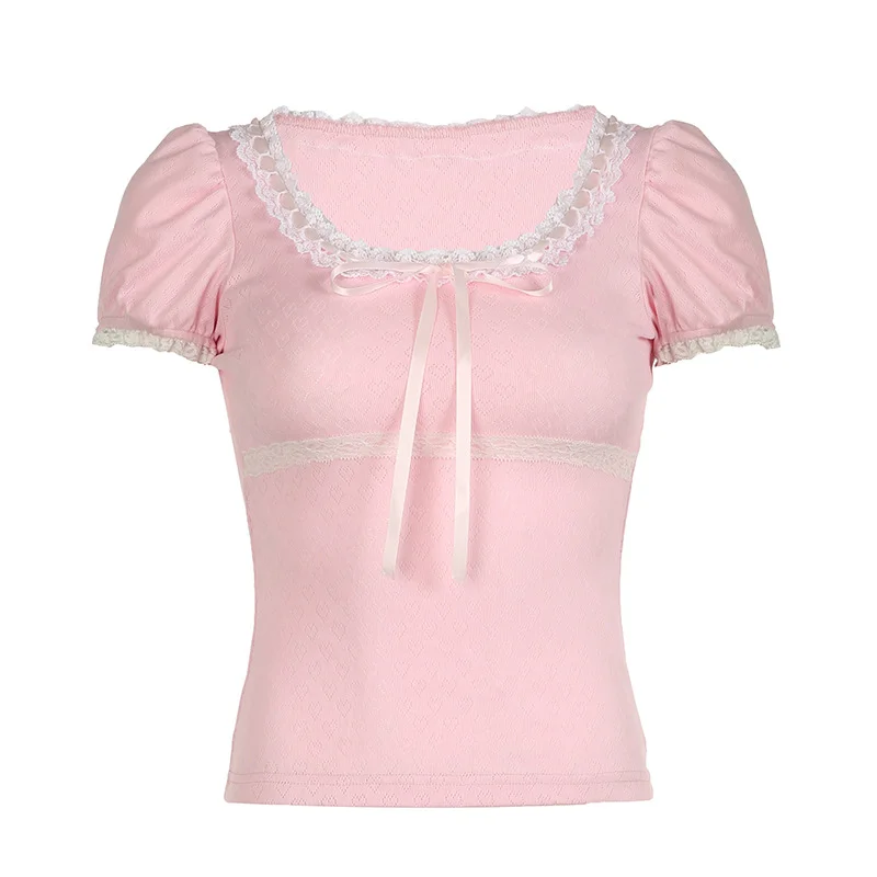 Ueong Sweet Girl Lace Lace Stitching U-Collar Temperament Aging Pink Casual Bubble Sleeve T-Shirt