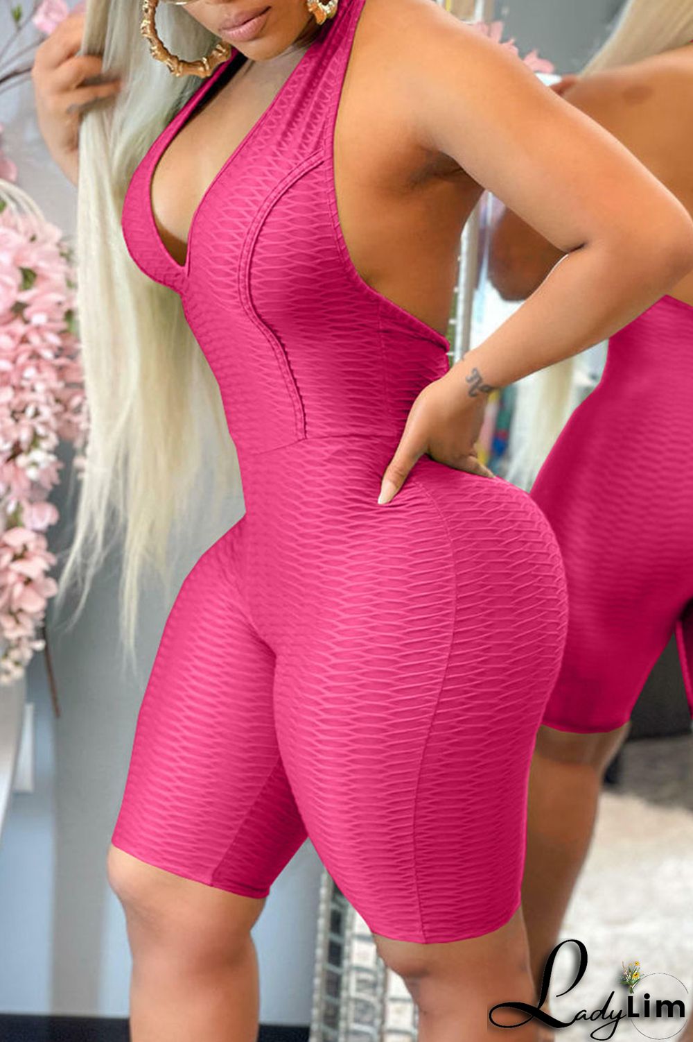 Tibetan Blue Sexy Solid Split Joint Backless Halter Regular Jumpsuits