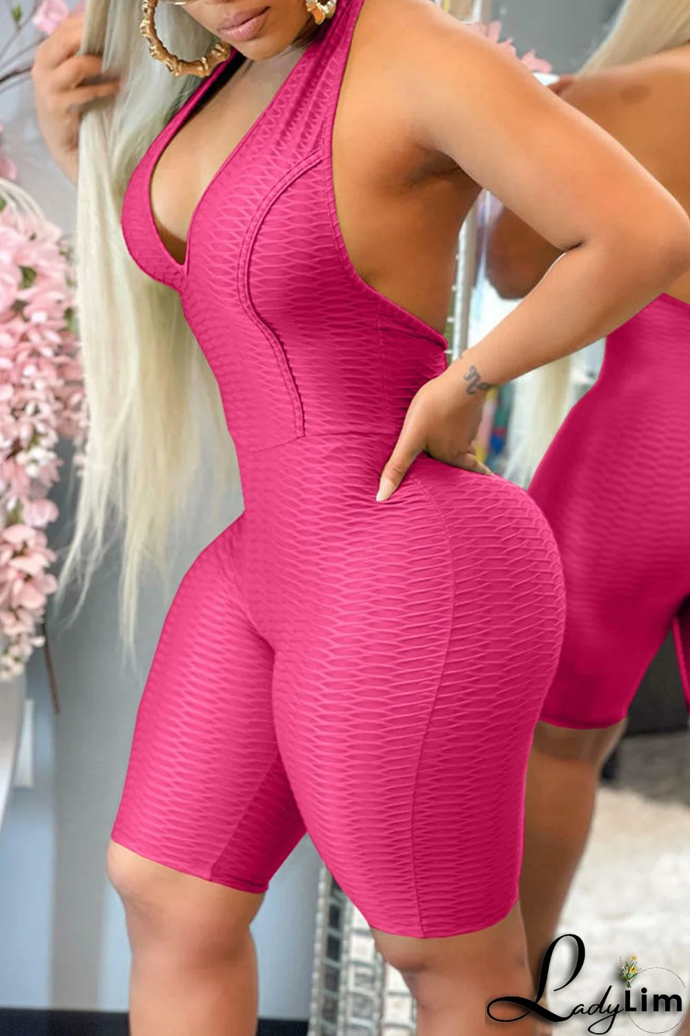 Tibetan Blue Sexy Solid Split Joint Backless Halter Regular Jumpsuits