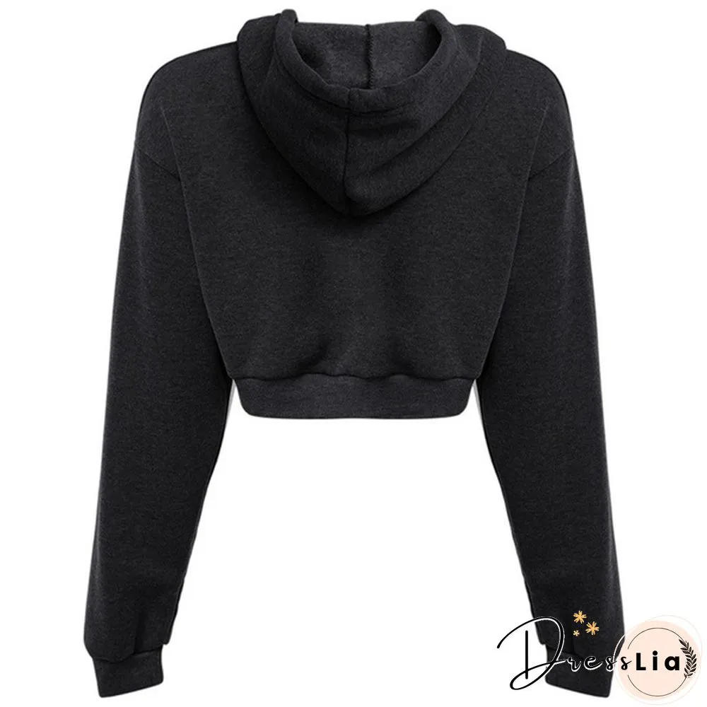 Fashion Womens Sexy Casual Cotton Plain Stitching Long Sleeve Hooded Short Sweatshirt Crop